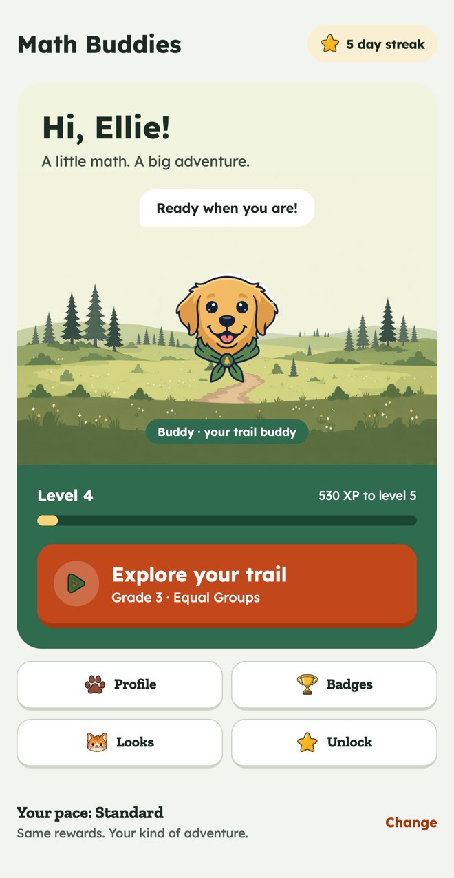 The Trail Register home screen: a greeting, Buddy the dog, level progress, and the next lesson.