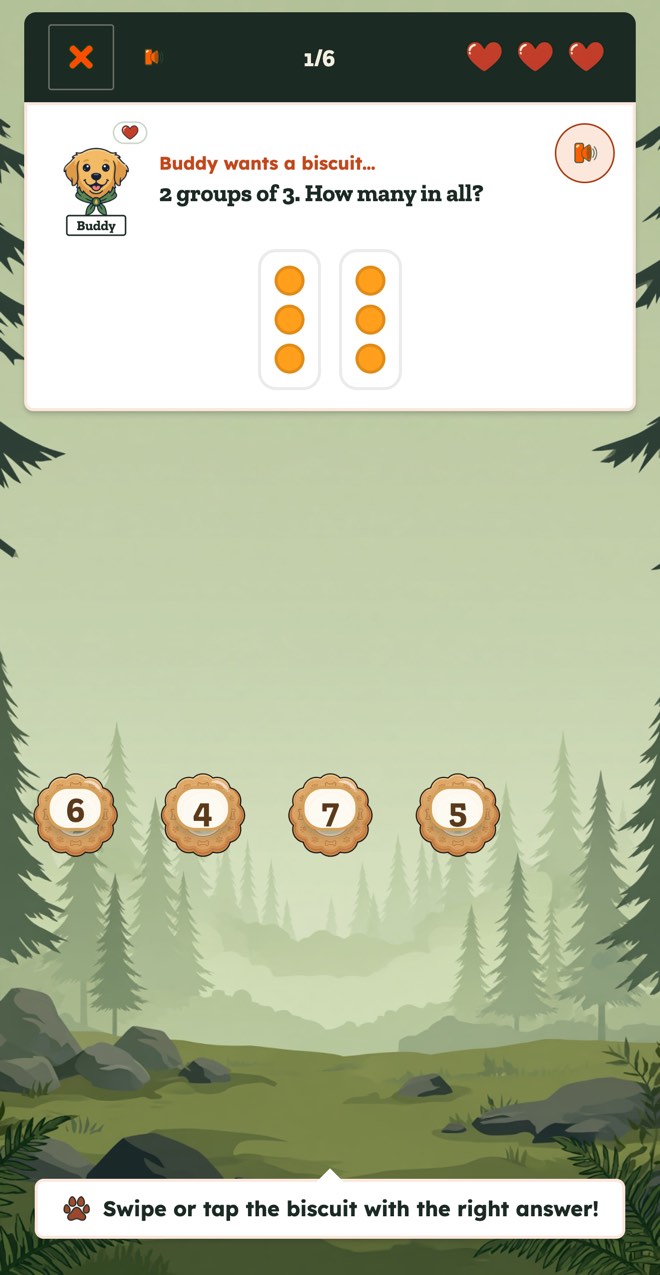 A Math Buddies round: Buddy the dog asks "2 groups of 3. How many in all?" with four biscuit answers to catch.