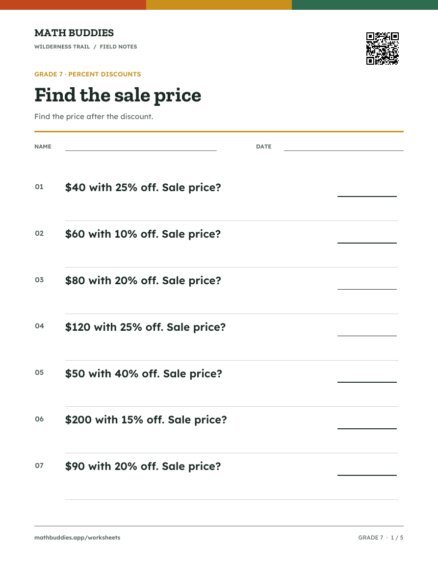 Preview of Percent discounts worksheet